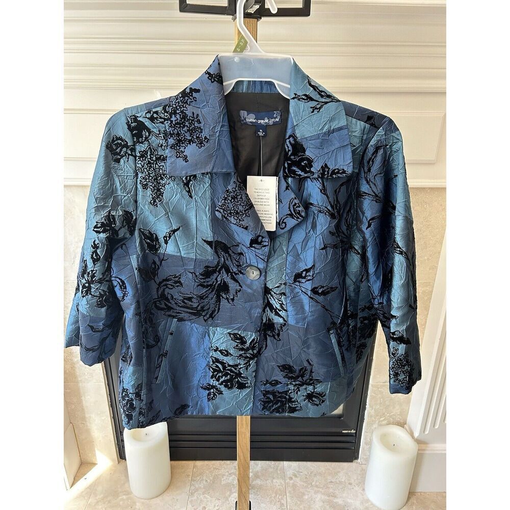 Susan Graver QVC VTG Blue taffeta Black Velvet evening light Coat Blazer XL NEW